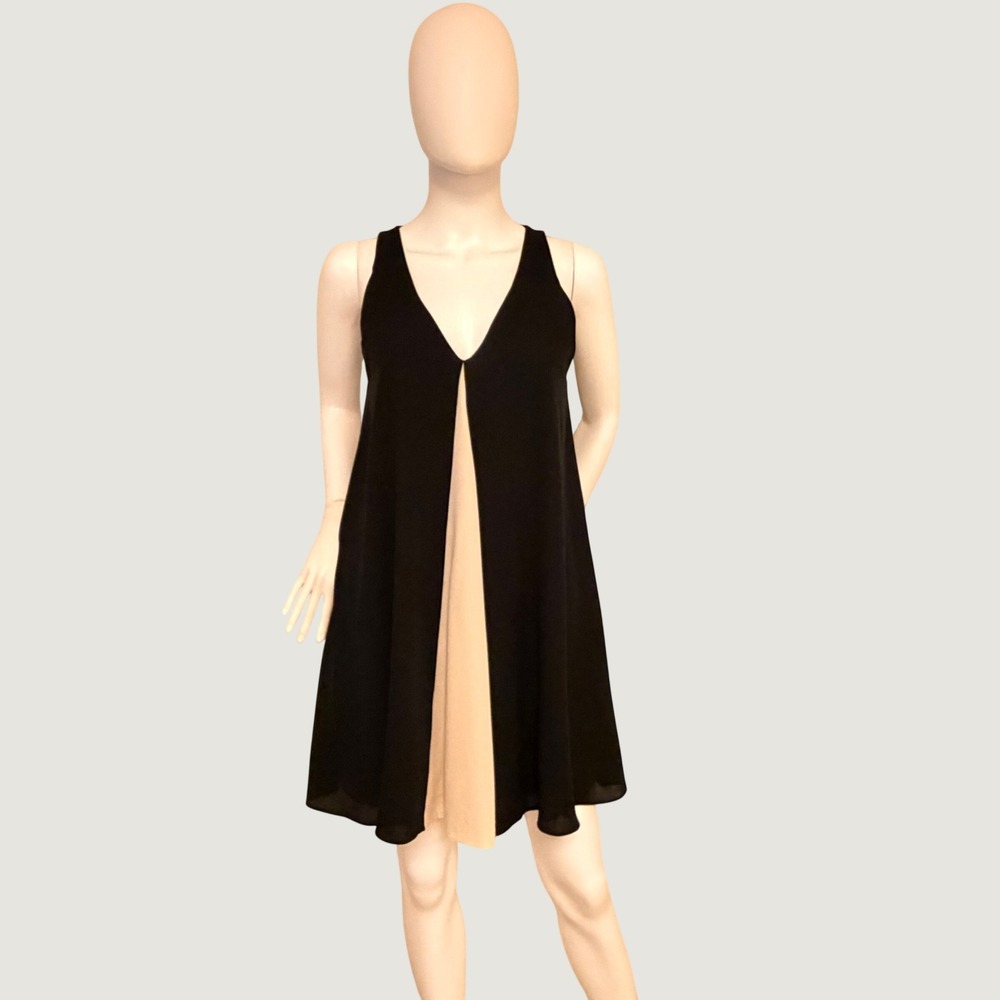 Alice + Olivia Womens Black Cream Silk Leather Trim V-Neck Mini Dress Size XS